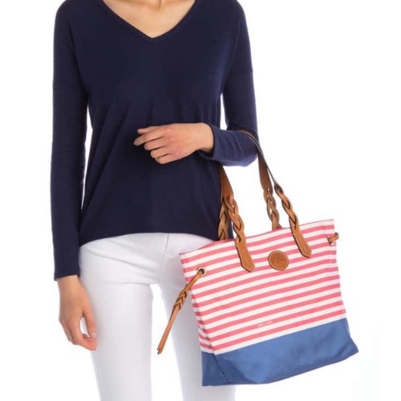Dooney & Bourke Handbags - Dooney & Bourke Braided Sullivan watermelon pink/white stripe tote